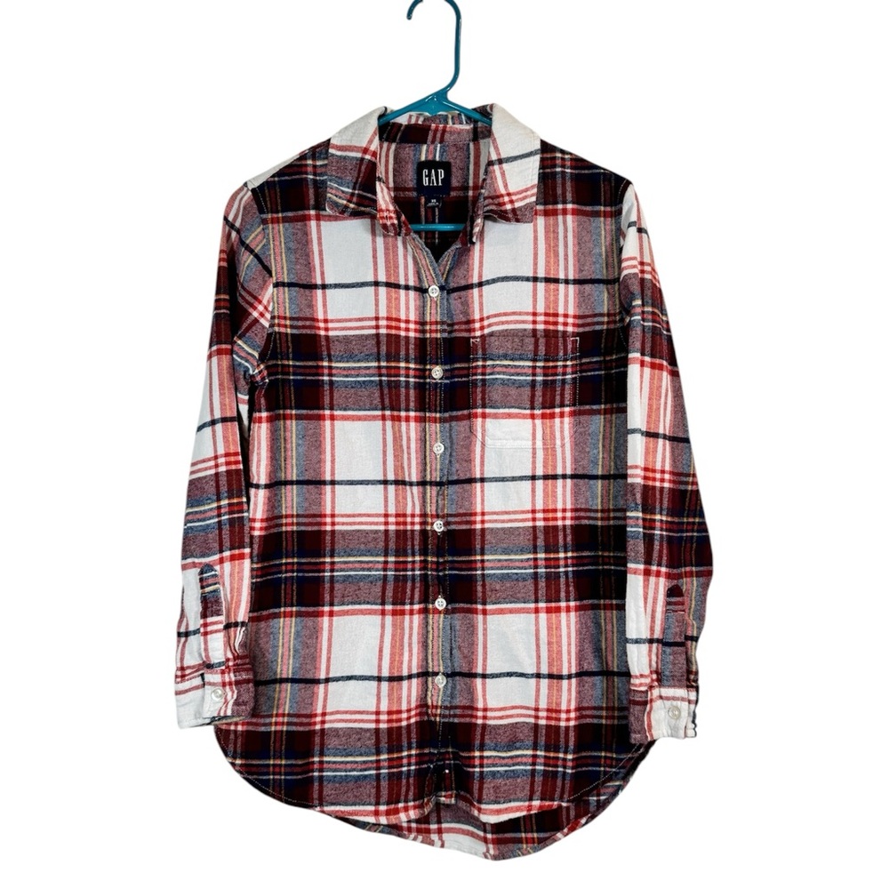 Gap Boyfriend Flannel Shirt Woman’s XS Plaid Red White Button Up Long Sleeve